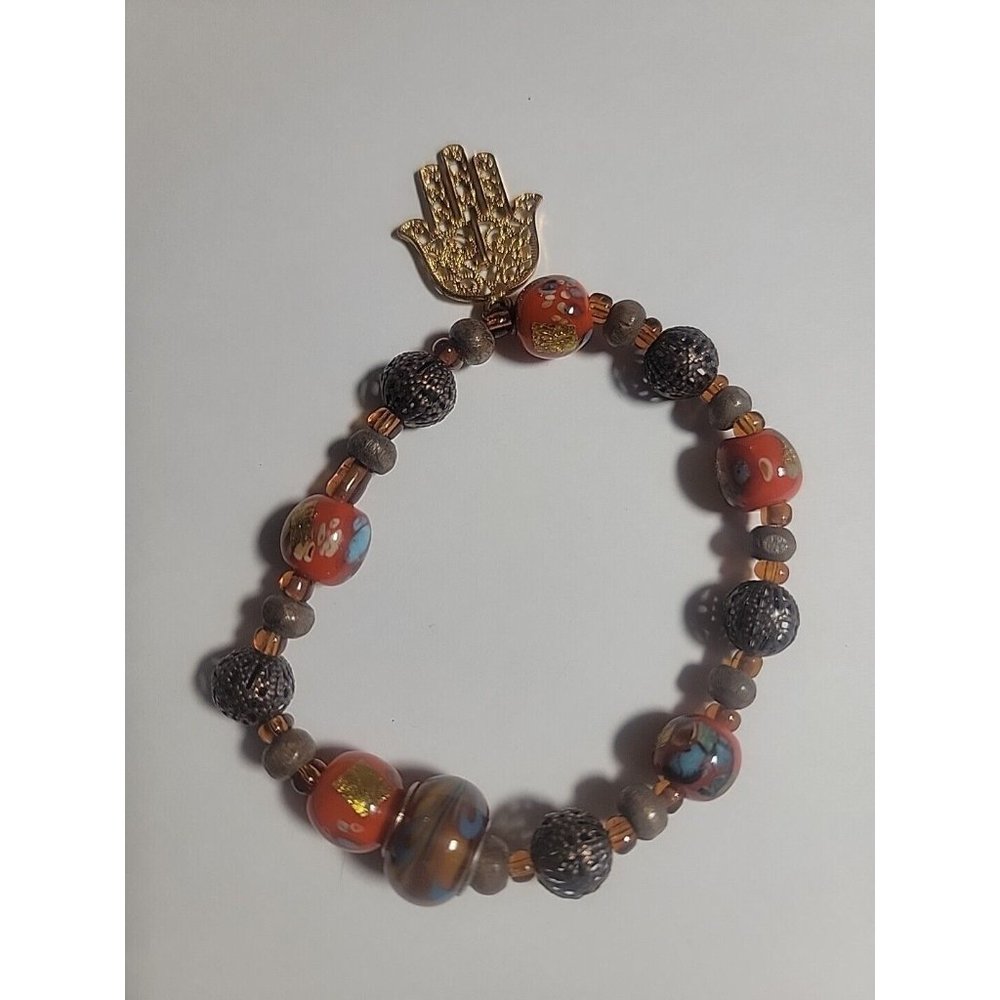 Hamsa Orange Brown Glass Brass And Bronze Lampwork Bracelet